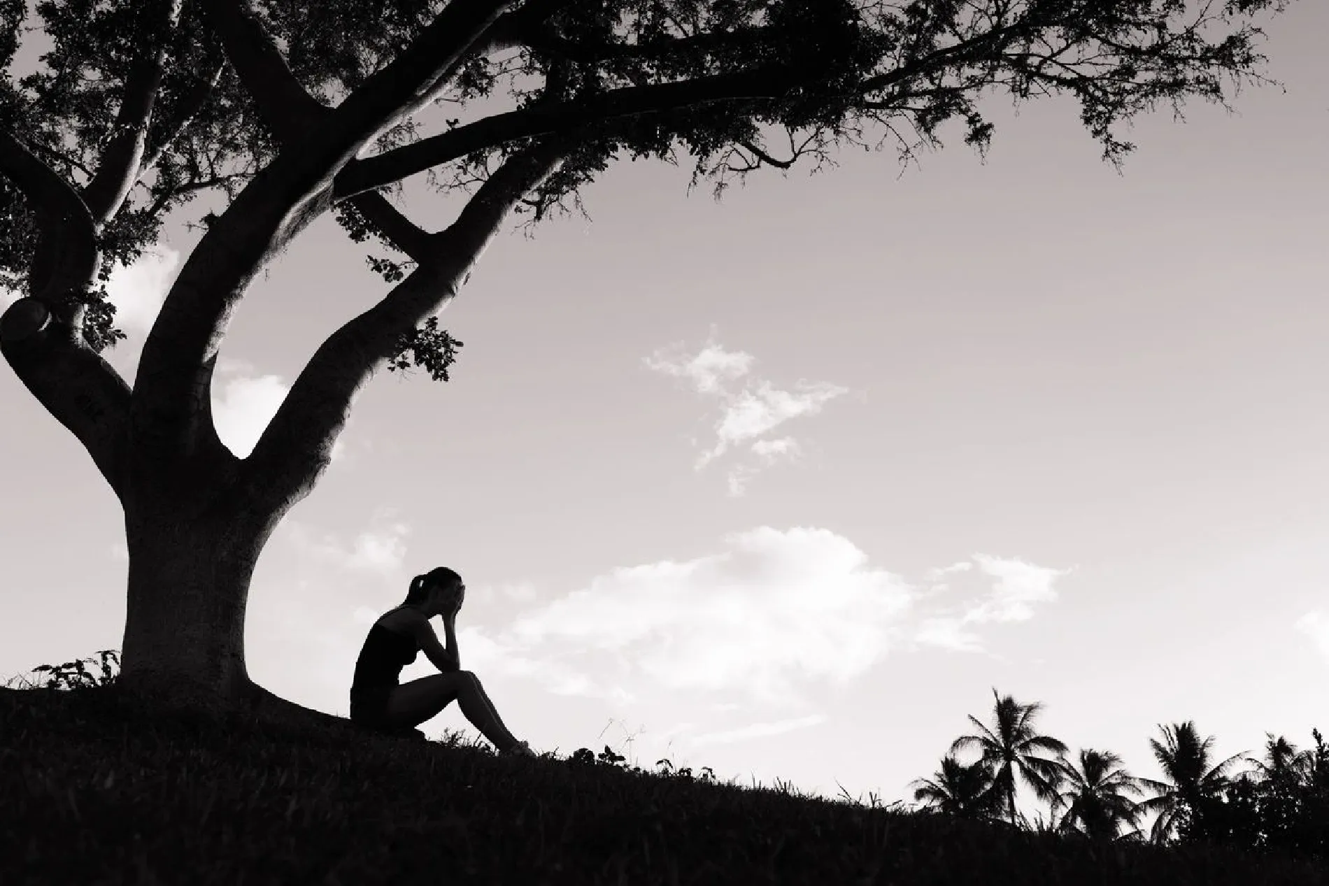 a sad woman sitting under a tree